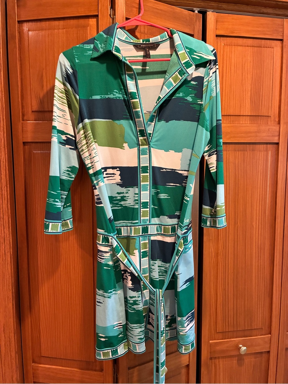BCBGMaxAzria Green and Blue Abstract Print Long-Sleeve Shirt Dress